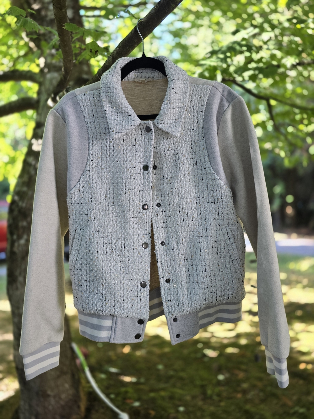 Mystree Light Gray Tweed Varsity Jacket